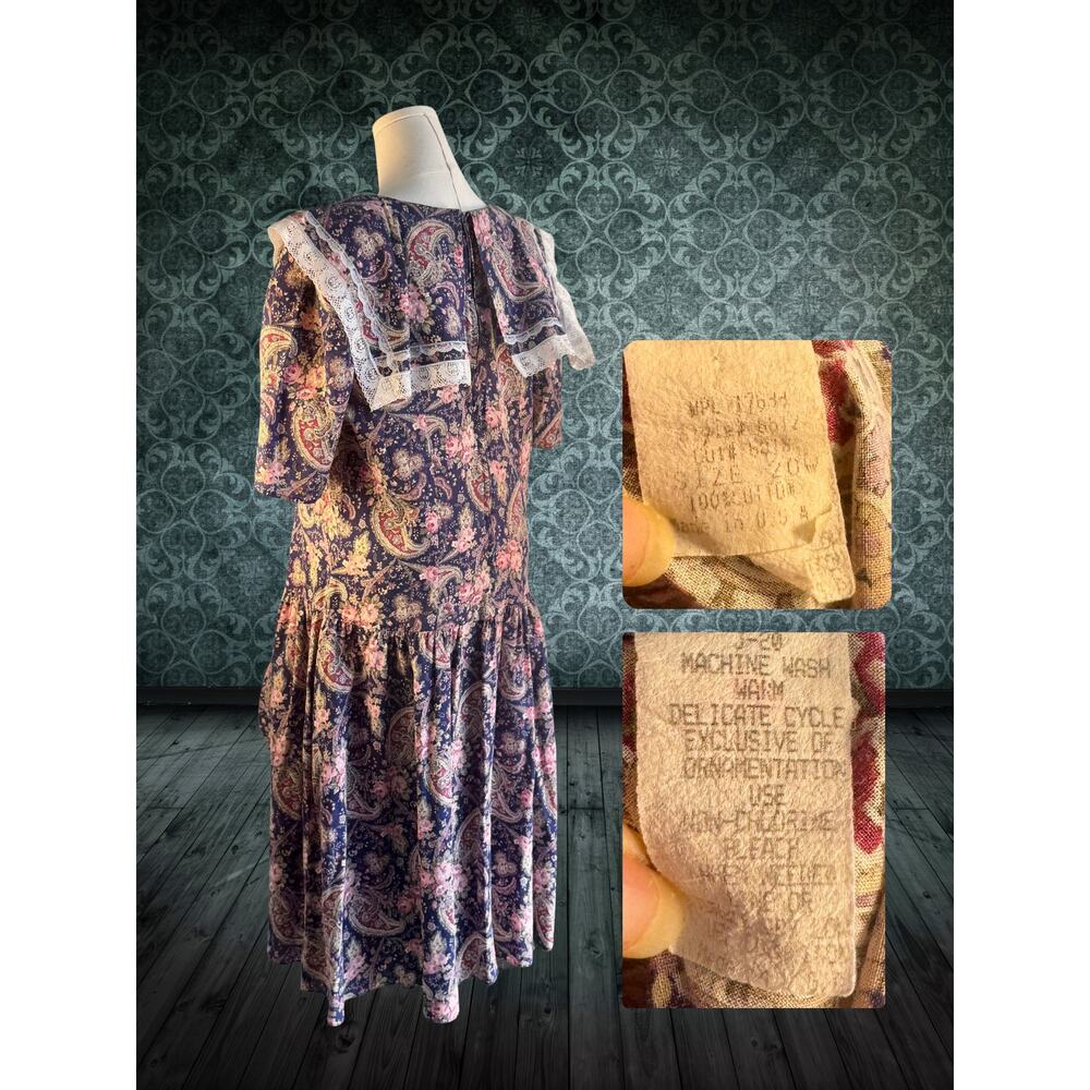 Volup Vintage 80s Lady Dorby Purple Paisley Lace Collar Drop Waist Dress 20W - Picture 6 of 7